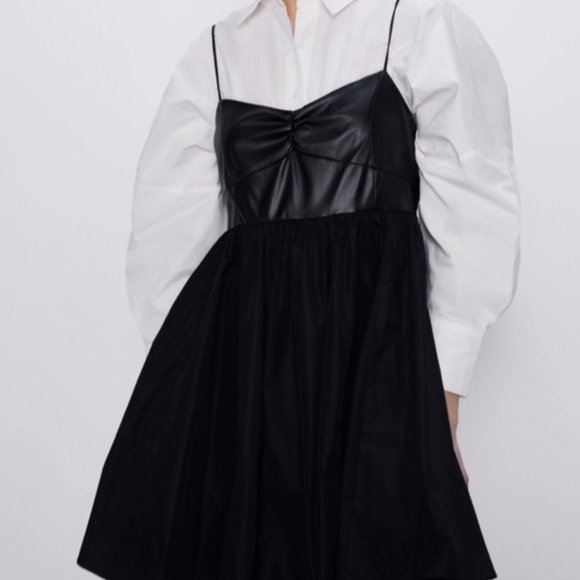 ZARA Sweetheart Neckline Black Faux Leather Combination Mini Dress - Picture 5 of 15